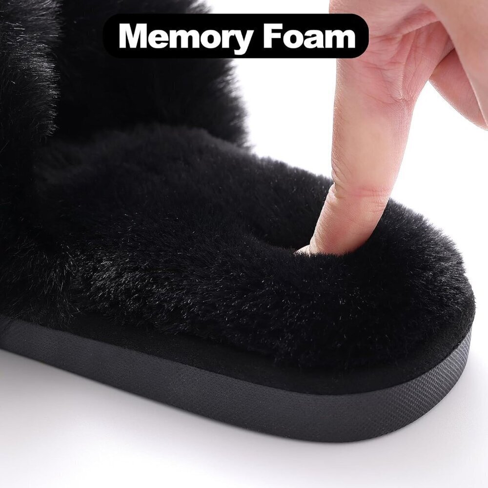 🆕Women's Black Fuzzy Slippers Cross Band Memory Foam Faux-fur Open Toe Shoes - Picture 7 of 9
